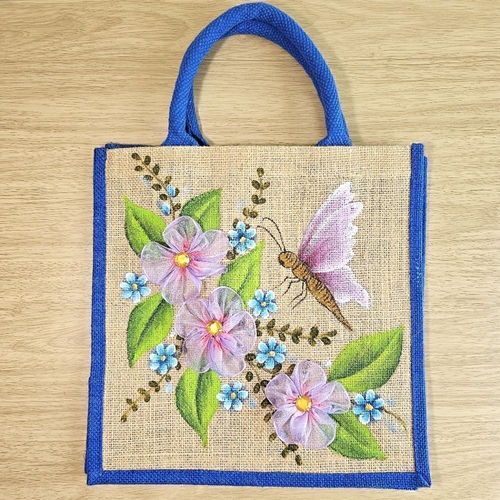 Hand-Made Tote Bag Jute Craft-Fabric Ribbon Flowers Hand Painted Butterfly Gift - Picture 1 of 7